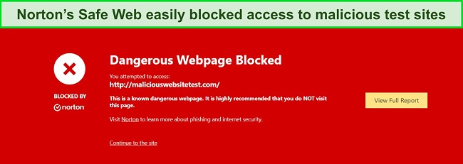 Norton review showing security feature where Safe Web blocks access to malware test sites. Norton review showing security feature where Safe Web blocks access to malware test sites.