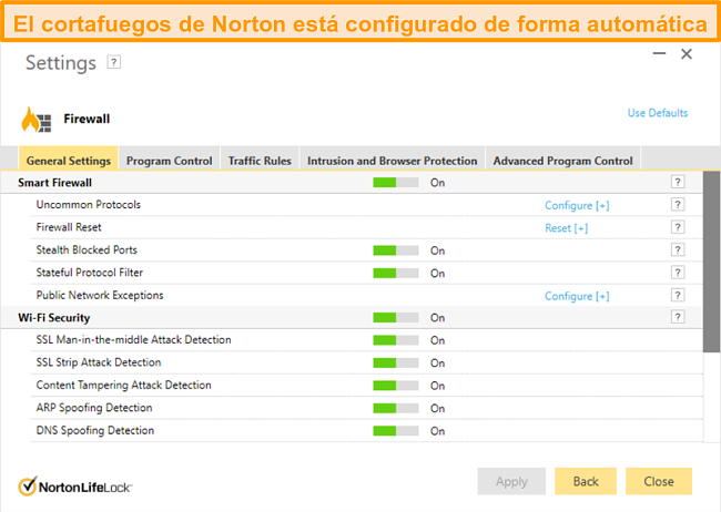 Captura de pantalla de la configuraci&oacute;n del firewall de Norton 360 en Windows.