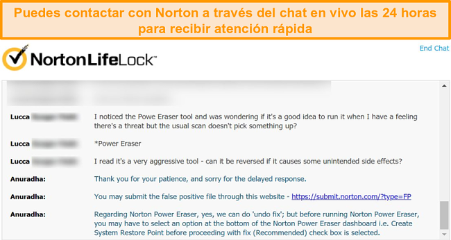 Captura de pantalla de una conversaci&oacute;n con un agente de atenci&oacute;n al cliente de Norton a trav&eacute;s del chat en vivo.
