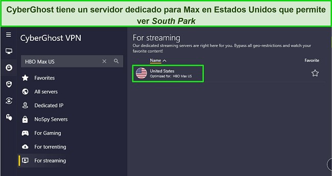 Imagen de la aplicaci&oacute;n de Windows de CyberGhost, destacando el servidor de streaming dedicado HBO Max.
