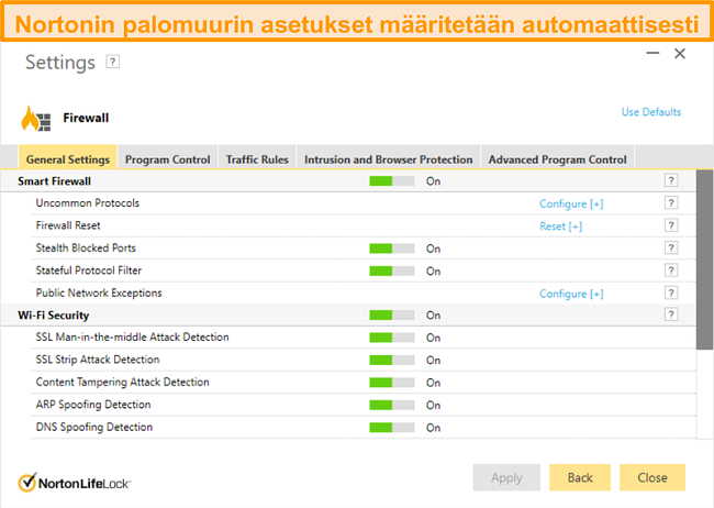N&auml;ytt&ouml;kuva Norton 360: n palomuuriasetuksista Windowsissa.