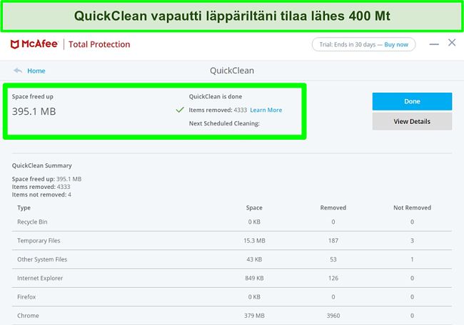 N&auml;ytt&ouml;kuva McAfee QuickClean -ominaisuudesta Windowsissa