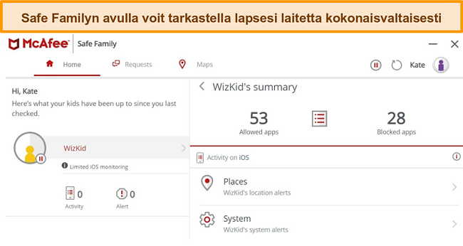 N&auml;ytt&ouml;kuva McAfee Safe Family -huolto-ominaisuudesta, joka on liitetty iPhoneen