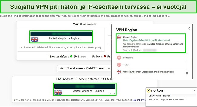 N&auml;ytt&ouml;kaappaus Nortonin Secure VPN:st&auml;, joka on yhdistetty Yhdistyneen kuningaskunnan palvelimeen, ja IP-vuototestin tulokset osoittavat, ettei tietovuotoja ole.