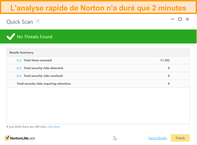 Capture d'&eacute;cran du r&eacute;sultat de l'analyse rapide de Norton 360