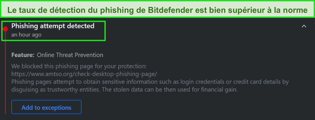 Avertissement d'hame&ccedil;onnage de bureau Bitdefender.