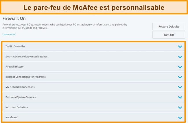 Capture d'&eacute;cran des fonctionnalit&eacute;s de McAfee Firewall
