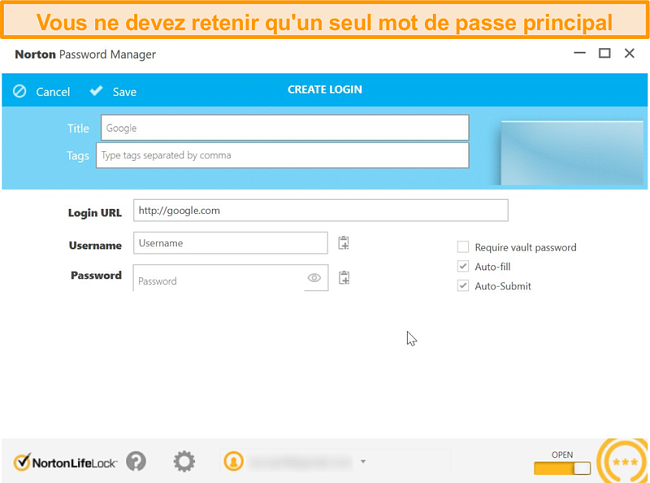 Capture d'&eacute;cran du coffre-fort du gestionnaire de mots de passe de Norton 360