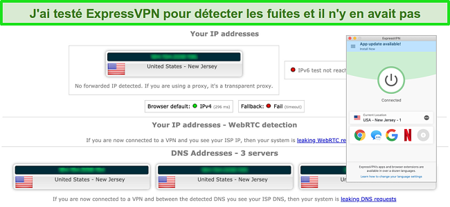 Capture d&rsquo;&eacute;cran d&rsquo;ExpressVPN r&eacute;ussissant un test de fuite IP, WebRTC et DNS lorsqu&rsquo;il est connect&eacute; &agrave; un serveur aux &Eacute;tats-Unis