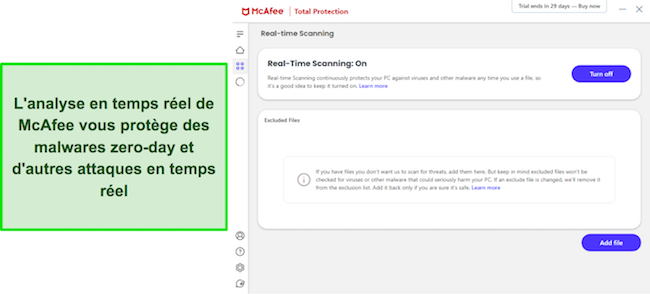 Capture d'&eacute;cran du menu d'analyse en temps r&eacute;el de McAfee