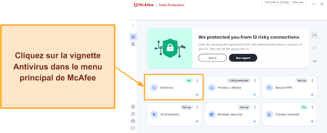 Capture d'&eacute;cran montrant comment acc&eacute;der &agrave; la section des analyses dans McAfee