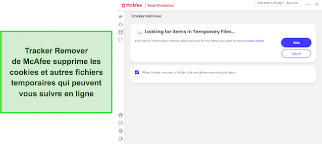 Capture d'&eacute;cran montrant le Tracker Remover de McAfee &agrave; la recherche de fichiers temporaires