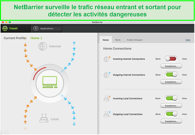 Capture d'&eacute;cran de l'interface utilisateur d'Intego NetBarrier prot&eacute;geant le trafic r&eacute;seau entrant et sortant