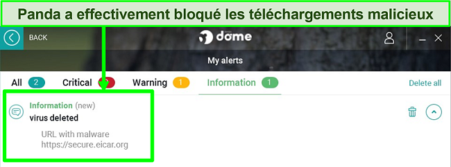 Capture d'&eacute;cran de la section &laquo;Mes alertes&raquo; de Panda avec une alerte d'information en surbrillance.