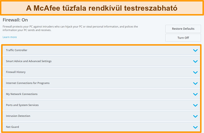 K&eacute;pernyők&eacute;p a McAfee Firewall szolg&aacute;ltat&aacute;sair&oacute;l