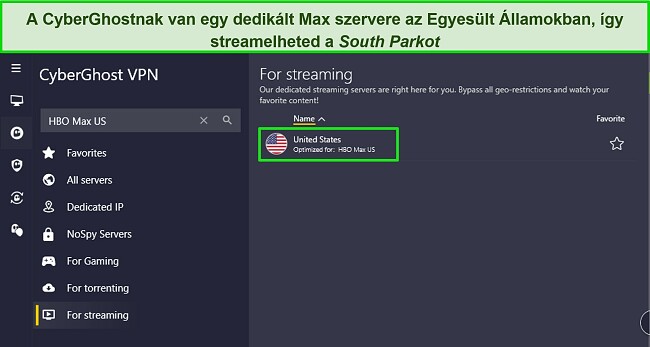 A CyberGhost Windows alkalmaz&aacute;s&aacute;nak k&eacute;pe, kiemelve a dedik&aacute;lt HBO Max streaming szervert.