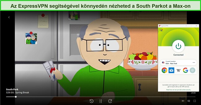 K&eacute;pernyők&eacute;p a South Park 26. &eacute;vad&aacute;nak streamel&eacute;s&eacute;ről a Maxon, az ExpressVPN-nel egy USA-New York szerverhez csatlakozva.