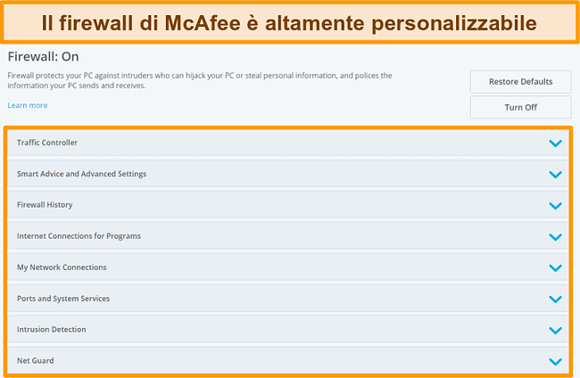 Screenshot delle funzionalit&agrave; di McAfee Firewall