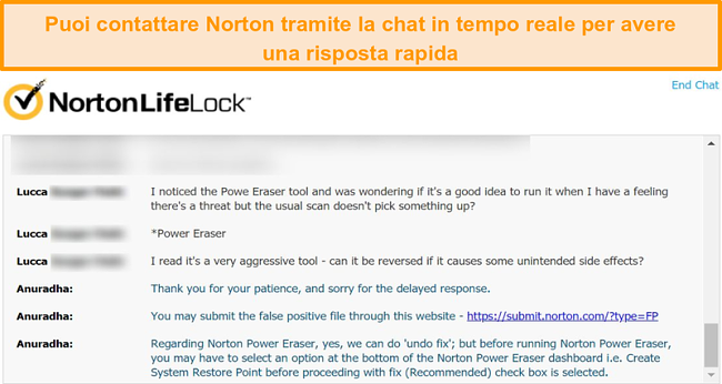 Screenshot di una conversazione con un agente dell'assistenza clienti Norton tramite live chat.