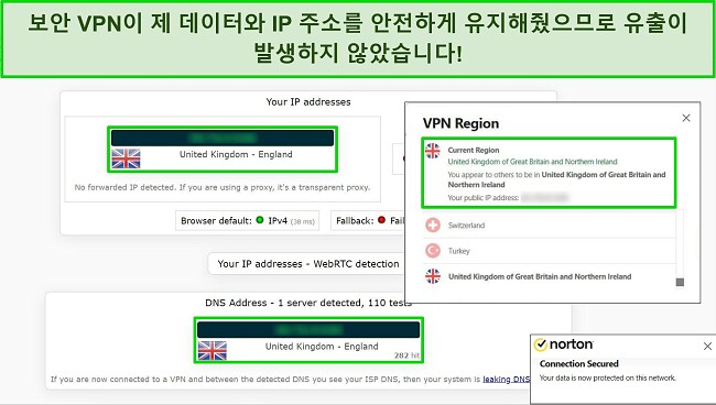 Norton review displaying the result of a Secure VPN leak test for a UK server. 영국 서버에 연결된 Norton의 Secure VPN 스크린샷. IP 유출 테스트 결과 데이터 유출이 없음을 보여줍니다.