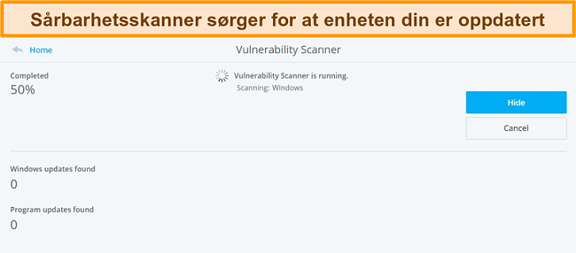 Skjermbilde av McAfees s&aring;rbarhetsskanner som utf&oslash;rer en systemskanning