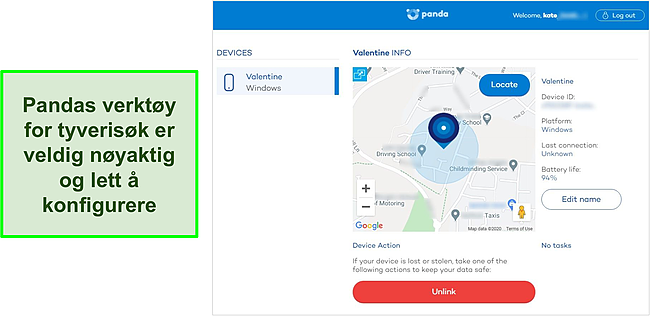 Skjermbilde av Panda's Anti-Theft Locator-verkt&oslash;y som oppdager den n&oslash;yaktige plasseringen av en beskyttet enhet.