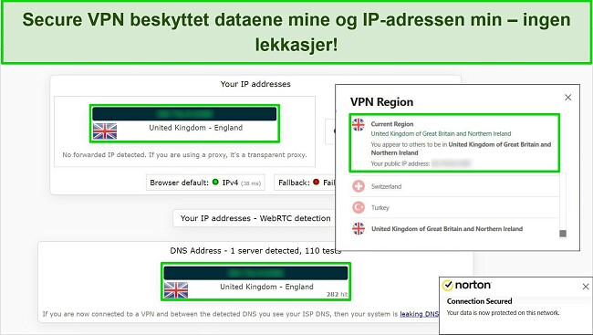 Skjermbilde av Nortons Secure VPN koblet til en britisk server, med resultatene av en IP-lekkasjetest som ikke viser datalekkasjer.