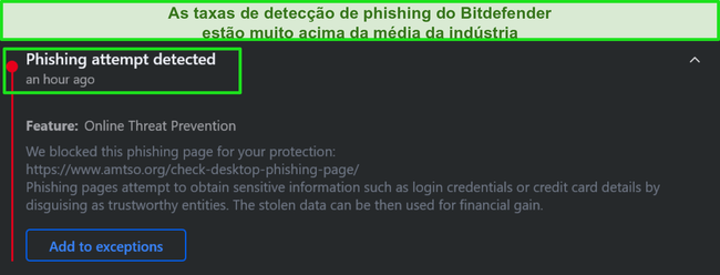 Aviso de phishing na &aacute;rea de trabalho do Bitdefender.