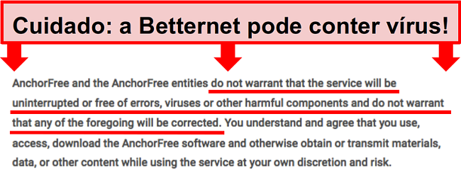 Screenshot dos termos da Betternet que n&atilde;o garantem prote&ccedil;&atilde;o contra malware