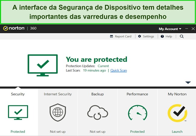 Captura de tela do painel de seguran&ccedil;a de dispositivos do Norton para Windows.