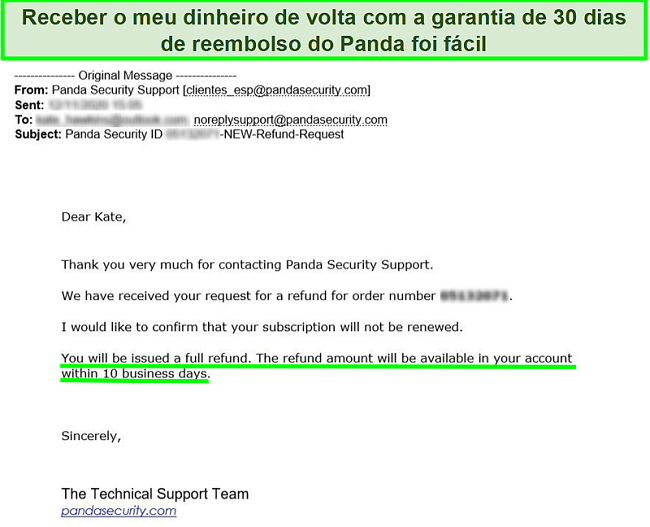 Email mostrando reembolso total aprovado pelo antiv&iacute;rus da Panda com a garantia de devolu&ccedil;&atilde;o do dinheiro de 30 dias