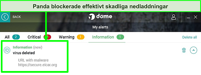 Sk&auml;rmdump av Pandas avsnitt "Mina varningar" med en informationsvarning markerad.