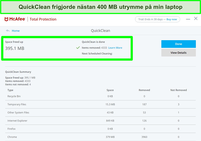 Sk&auml;rmdump av McAfee QuickClean-funktionen i Windows