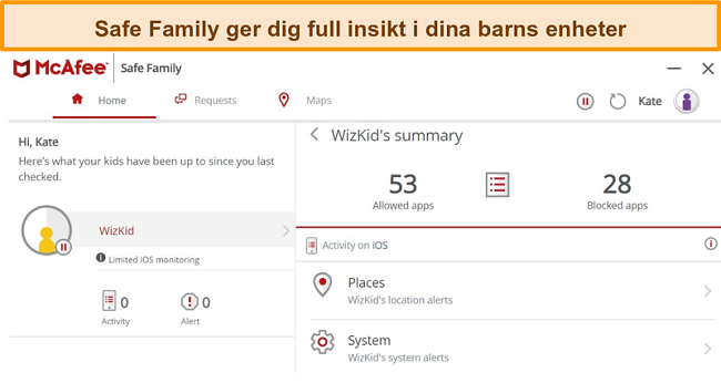 Sk&auml;rmdump av McAfee Safe Family-funktionen f&ouml;r f&ouml;r&auml;ldrakontroll l&auml;nkad till en iPhone