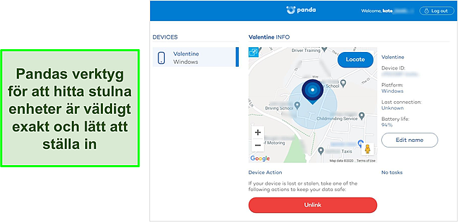 Sk&auml;rmdump av Pandas verktyg f&ouml;r st&ouml;ldskydd som uppt&auml;cker den exakta platsen f&ouml;r en skyddad enhet.