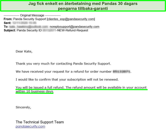E-post med full &aring;terbetalning godk&auml;nd av Panda antivirus med 30-dagars pengarna-tillbaka-garanti.