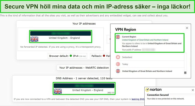 Sk&auml;rmdump av Nortons Secure VPN ansluten till en brittisk server, med resultaten av ett IP-l&auml;ckagetest som inte visar n&aring;gra datal&auml;ckor.