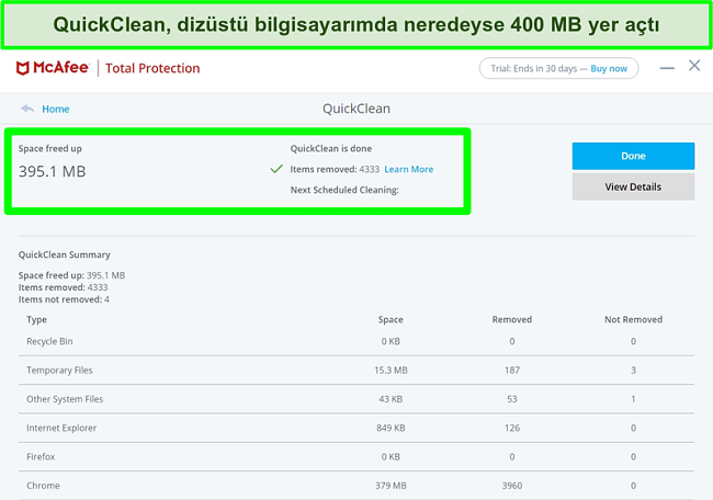 Windows'ta McAfee QuickClean &ouml;zelliğinin ekran g&ouml;r&uuml;nt&uuml;s&uuml;