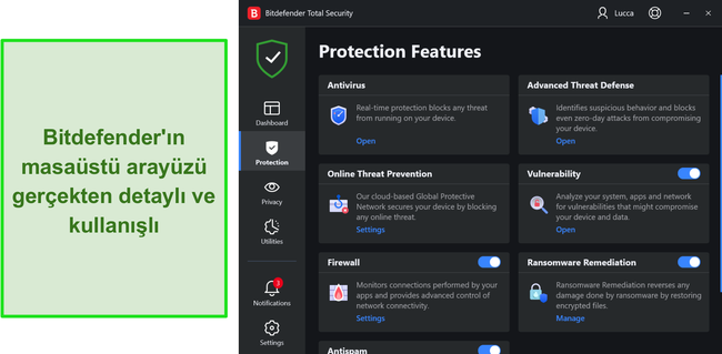 Bitdefender'ın masa&uuml;st&uuml; aray&uuml;z&uuml;