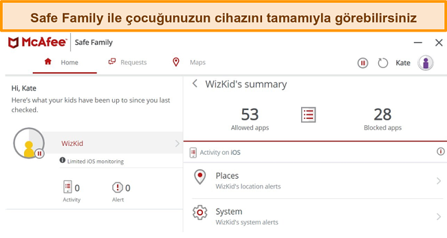 İPhone'a bağlı McAfee Safe Family ebeveyn denetimi &ouml;zelliğinin ekran g&ouml;r&uuml;nt&uuml;s&uuml;