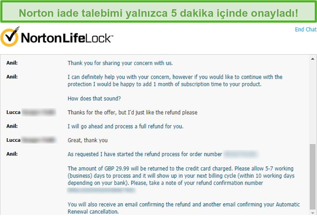 Norton'un canlı sohbeti aracılığıyla geri &ouml;deme alma ekran g&ouml;r&uuml;nt&uuml;s&uuml;.