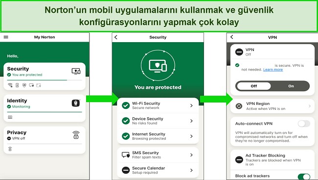 Aray&uuml;z&uuml;n ne kadar temiz ve basit olduğunu g&ouml;steren, yeni başlayan kullanıcılar i&ccedil;in gezinmeyi kolaylaştıran Norton'un iOS uygulamasının ekran g&ouml;r&uuml;nt&uuml;s&uuml;.