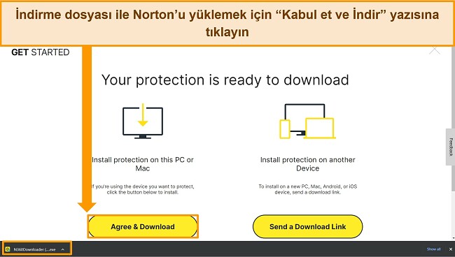 Kabul Et ve Norton'u İndir web sayfasının kurulum dosyasını vurgulayan ekran g&ouml;r&uuml;nt&uuml;s&uuml;.