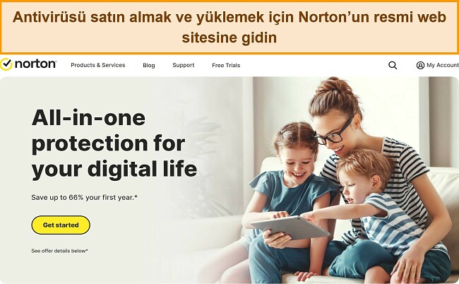 Norton'un resmi web sitesi ana sayfasının ekran g&ouml;r&uuml;nt&uuml;s&uuml;.