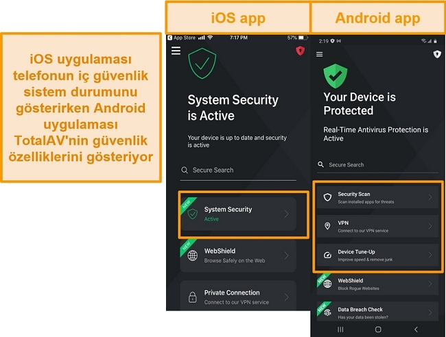 İOS ve Android TotalAV uygulamaları arasındaki farkı g&ouml;steren ekran g&ouml;r&uuml;nt&uuml;s&uuml;