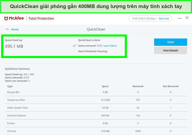 Ảnh chụp m&agrave;n h&igrave;nh t&iacute;nh năng McAfee QuickClean tr&ecirc;n Windows