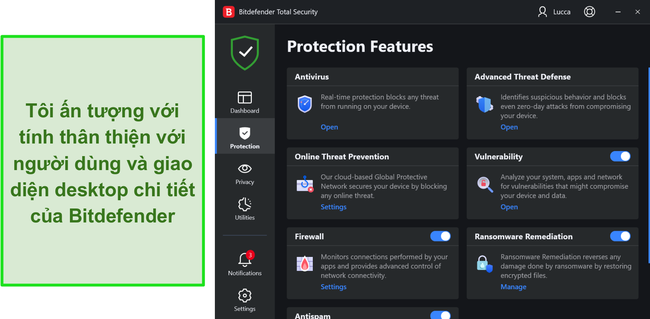 Giao diện m&aacute;y t&iacute;nh để b&agrave;n của Bitdefender