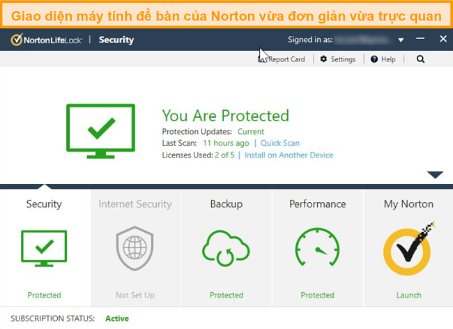 Ảnh chụp m&agrave;n h&igrave;nh trang chủ của Norton 360 tr&ecirc;n Windows
