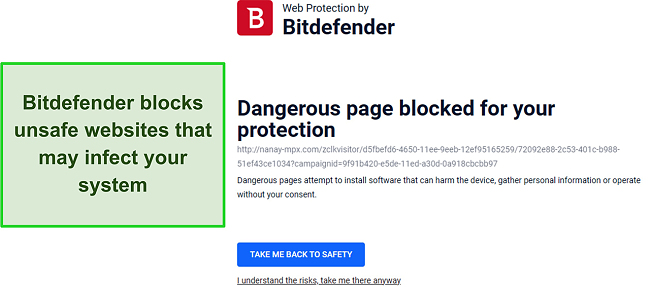 Bitdefender review showcasing the web protection feature actively blocking access to a potentially harmful website. Bitdefender review showcasing the web protection feature actively blocking access to a potentially harmful website.