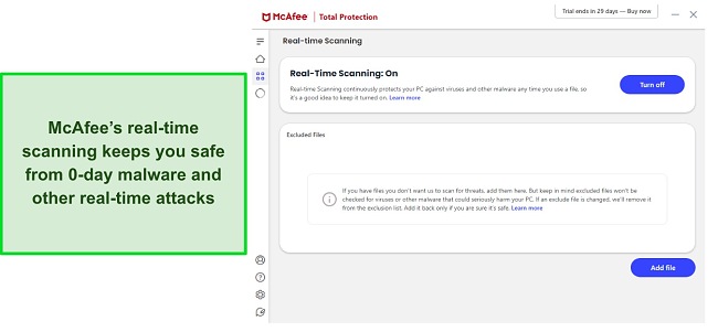 McAfee antivirus review displaying the real-time scanning menu in English. McAfee antivirus review displaying the real-time scanning menu in English.